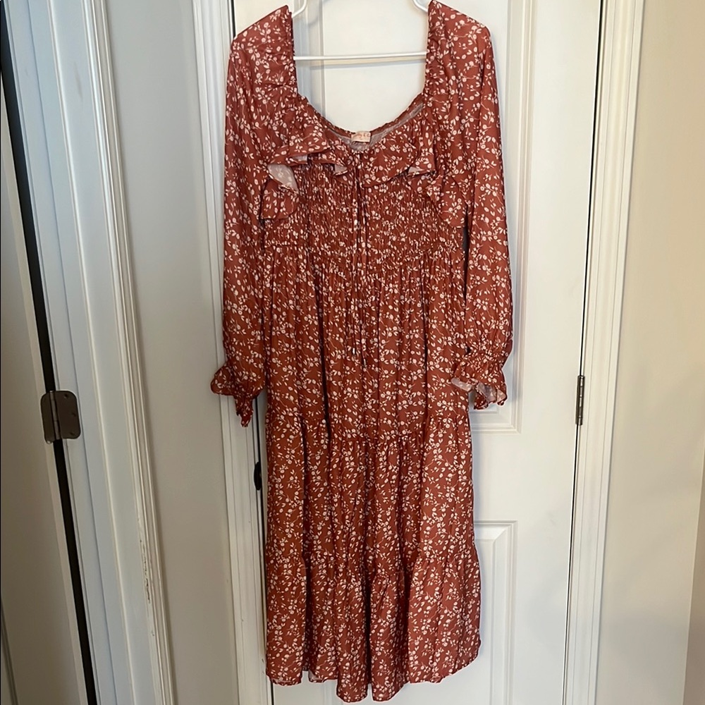 Brown and Orange Ruched Tiered Midi Sundress with Long Bishop Sleeves